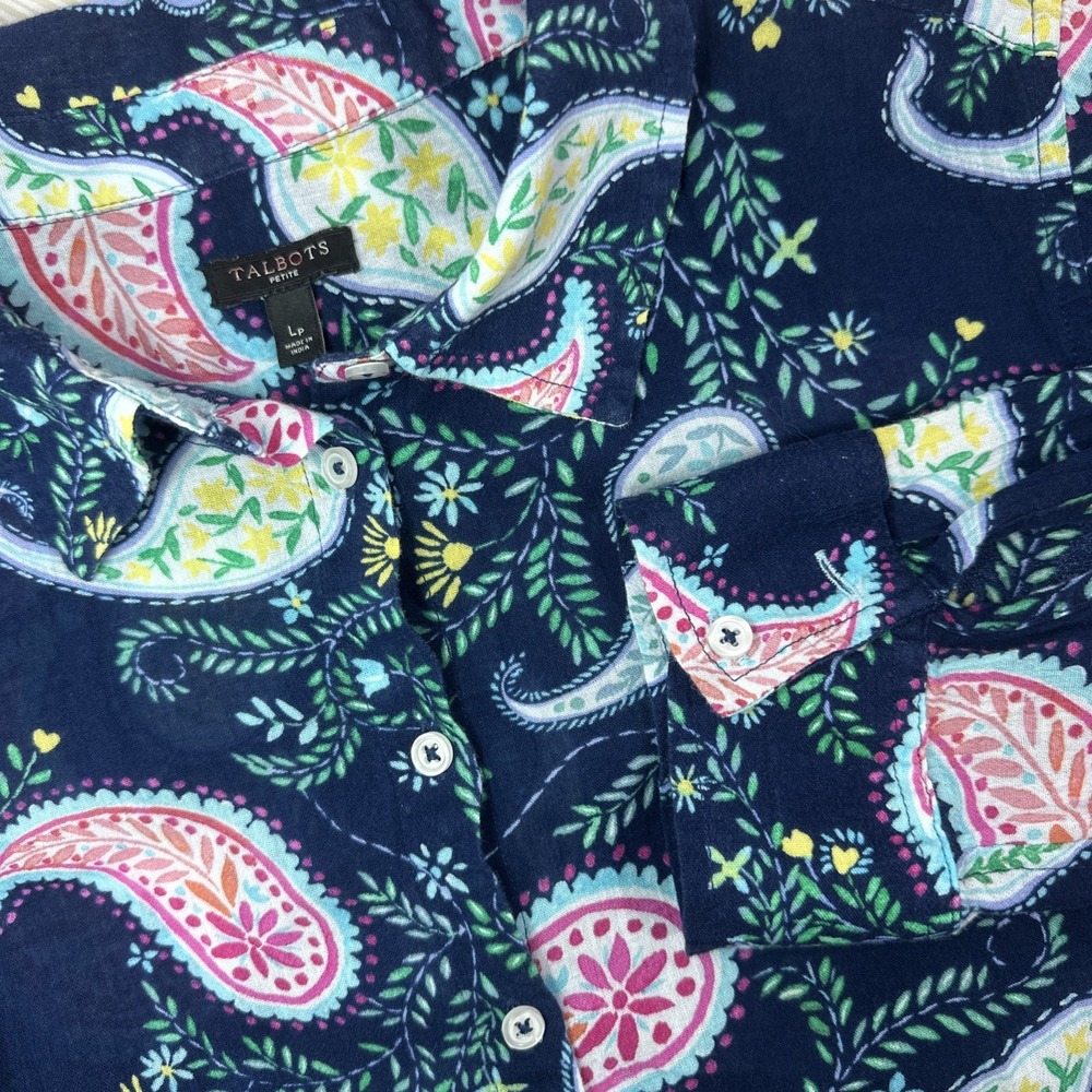 Talbots Blouse Women's Large Petite Button Up Collared Paisley Shirt LIghtweight